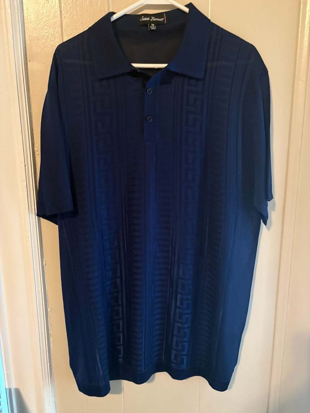 Saint Lorenzo Blue Greek Key Geometric Pattern Knit Polo Shirt